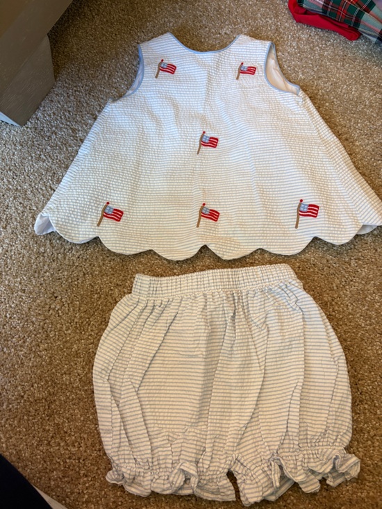 Little English Other - Striped White Seersucker Two-Piece Set with Red Flag Embroidery